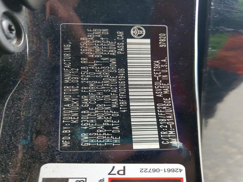 Aukcja sprzedaży 2012 Toyota Camry, vin: 4T1BF1FK0CU619406, numer aukcji: 62579076