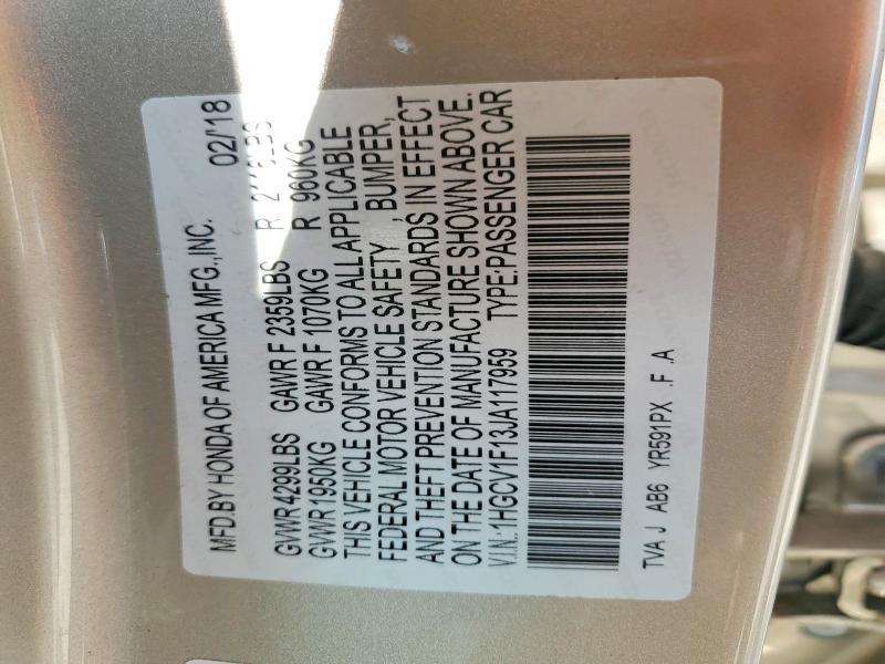 61823546 :رقم المزاد ، 1HGCV1F13JA117959 vin ، 2018 Honda Accord مزاد بيع