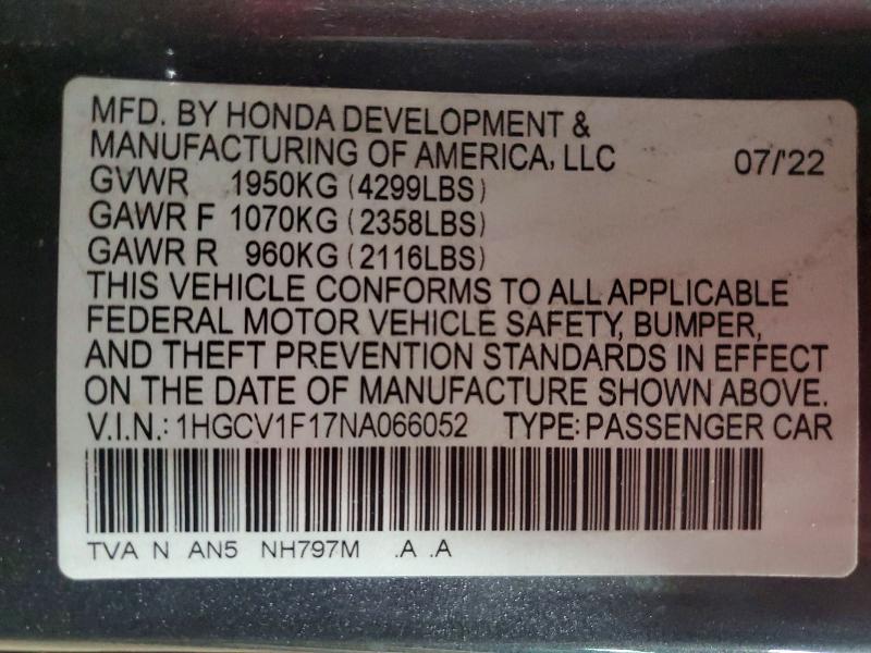 Продаж на аукціоні авто 2022 Honda Accord, vin: 1HGCV1F17NA066052, номер лоту: 63121566