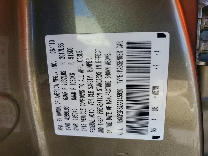 Aukcja sprzedaży 2010 Honda Accord, vin: 1HGCP2F34AA145920, numer aukcji: 62514756