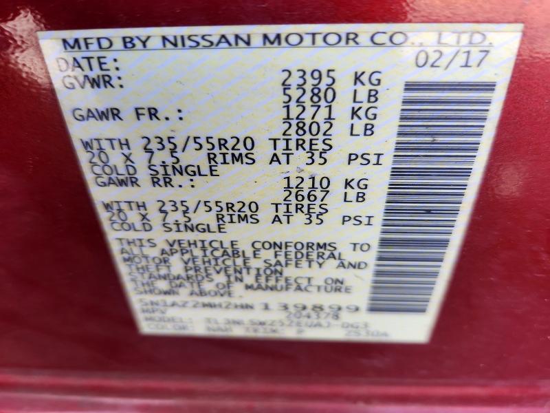 2017 Nissan Murano მანქანა იყიდება აუქციონზე, vin: 5N1AZ2MH2HN139899, აუქციონის ნომერი: 62067086