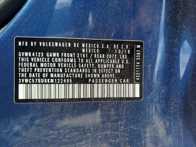 2019 Volkswagen Jetta მანქანა იყიდება აუქციონზე, vin: 3VWC57BU8KM122495, აუქციონის ნომერი: 59060286