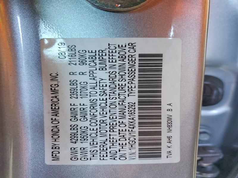 Aukcja sprzedaży 2019 Honda Accord, vin: 1HGCV1F4XKA165292, numer aukcji: 61247166