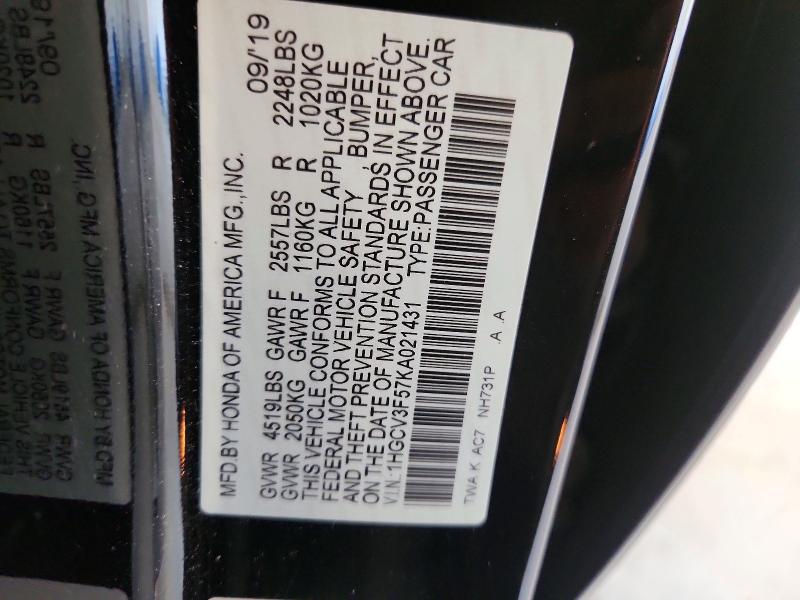 2019 Honda Accord მანქანა იყიდება აუქციონზე, vin: 1HGCV3F57KA021431, აუქციონის ნომერი: 62432516