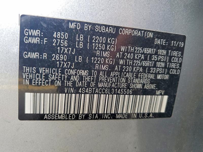 Aukcja sprzedaży 2020 Subaru Outback, vin: 4S4BTACC6L3145506, numer aukcji: 60287376