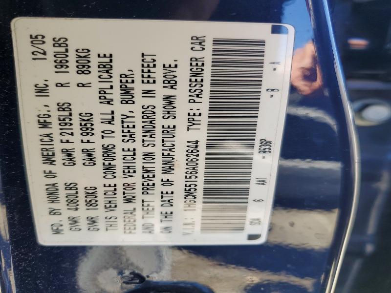 Aukcja sprzedaży 2006 Honda Accord, vin: 1HGCM55156A062644, numer aukcji: 60145736