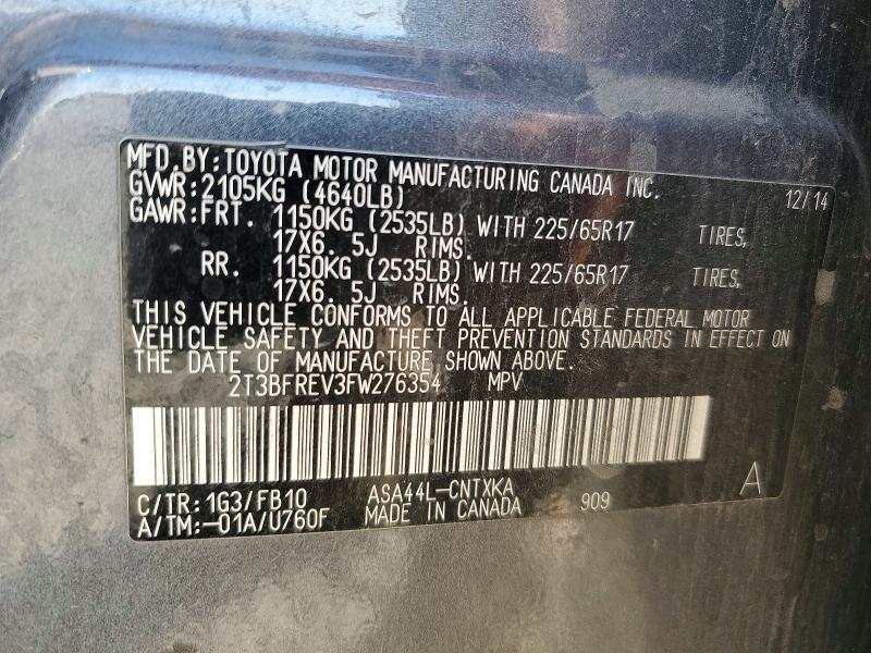 62721976 :رقم المزاد ، 2T3BFREV3FW276354 vin ، 2015 Toyota Rav4 مزاد بيع