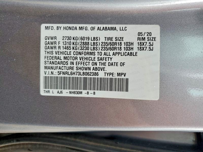 Aukcja sprzedaży 2020 Honda Odyssey, vin: 5FNRL6H73LB062386, numer aukcji: 61508626