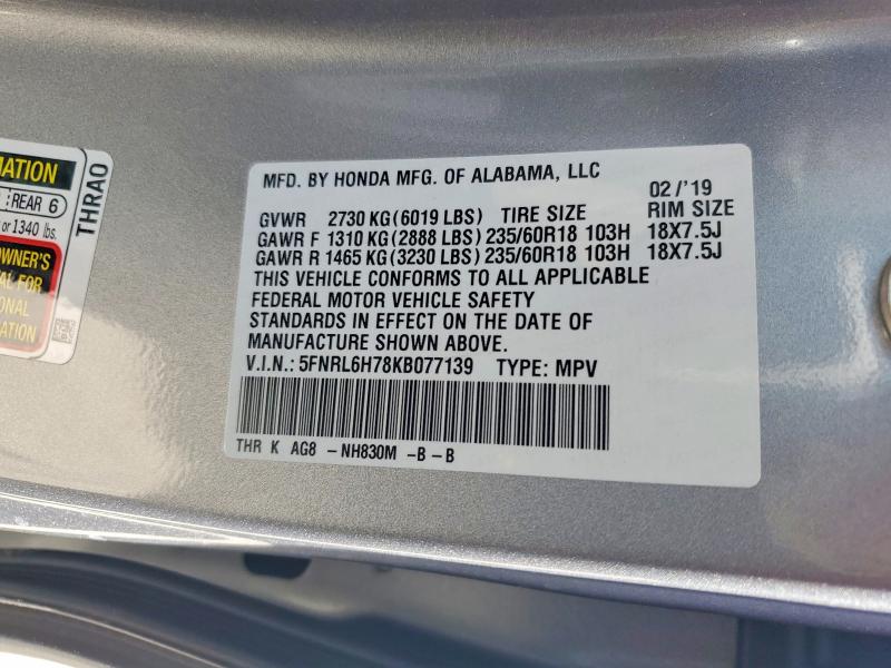 60698486 :رقم المزاد ، 5FNRL6H78KB077139 vin ، 2019 Honda Odyssey مزاد بيع