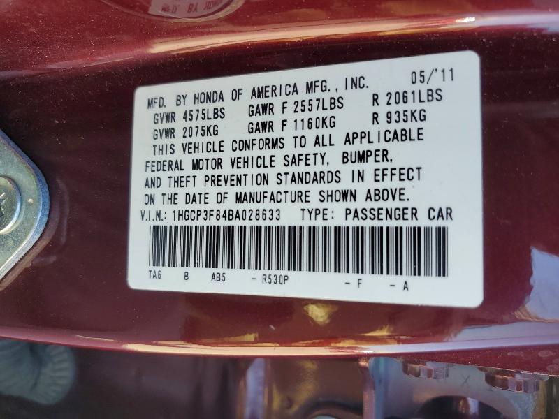 Продаж на аукціоні авто 2011 Honda Accord, vin: 1HGCP3F84BA028633, номер лоту: 59195016