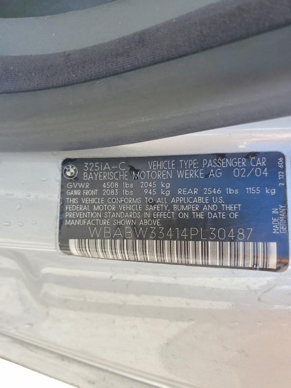 Aukcja sprzedaży 2004 Bmw 325, vin: WBABW33414PL30487, numer aukcji: 59732206