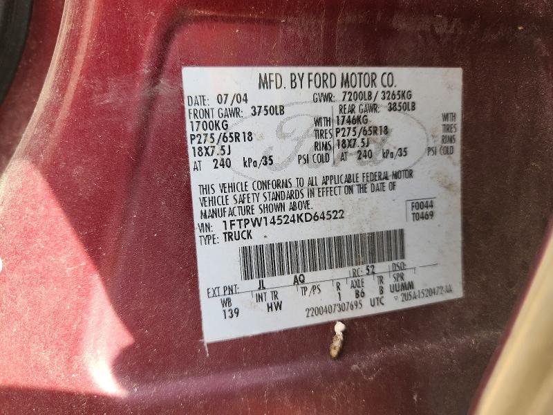 2004 Ford F150 მანქანა იყიდება აუქციონზე, vin: 1FTPW14524KD64522, აუქციონის ნომერი: 63034596