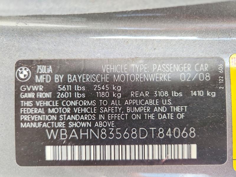60196386 :رقم المزاد ، WBAHN83568DT84068 vin ، 2008 Bmw 750 مزاد بيع