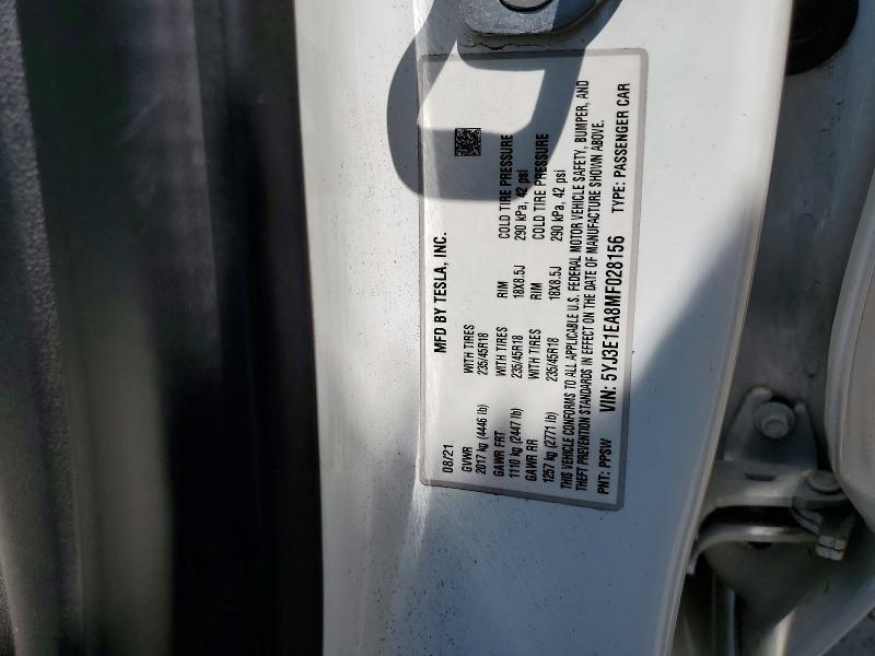 Aukcja sprzedaży 2021 Tesla Model 3, vin: 5YJ3E1EA8MF028156, numer aukcji: 60451836