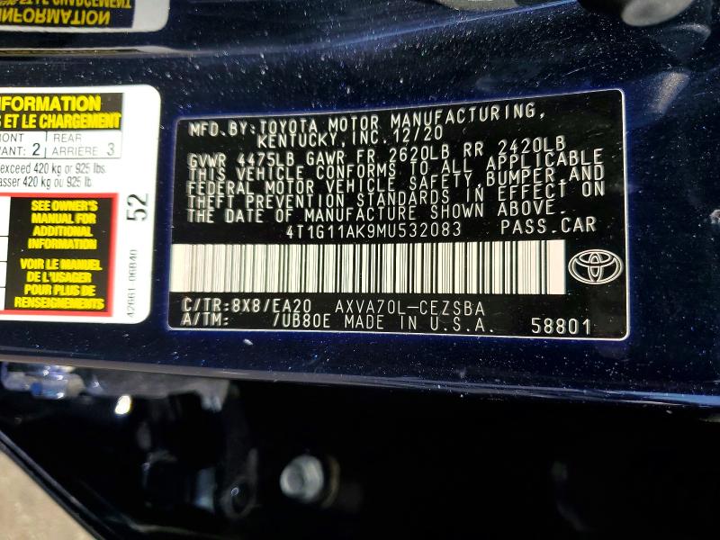 2021 Toyota Camry მანქანა იყიდება აუქციონზე, vin: 44T1G11AK9MU53208, აუქციონის ნომერი: 61393256