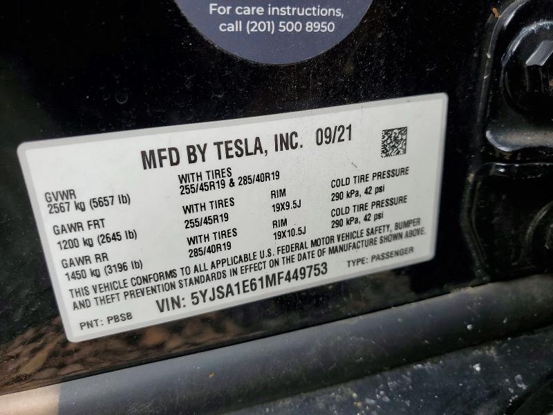 Продажа на аукционе авто 2021 Tesla Model S, vin: 5YJSA1E61MF449753, номер лота: 61086646