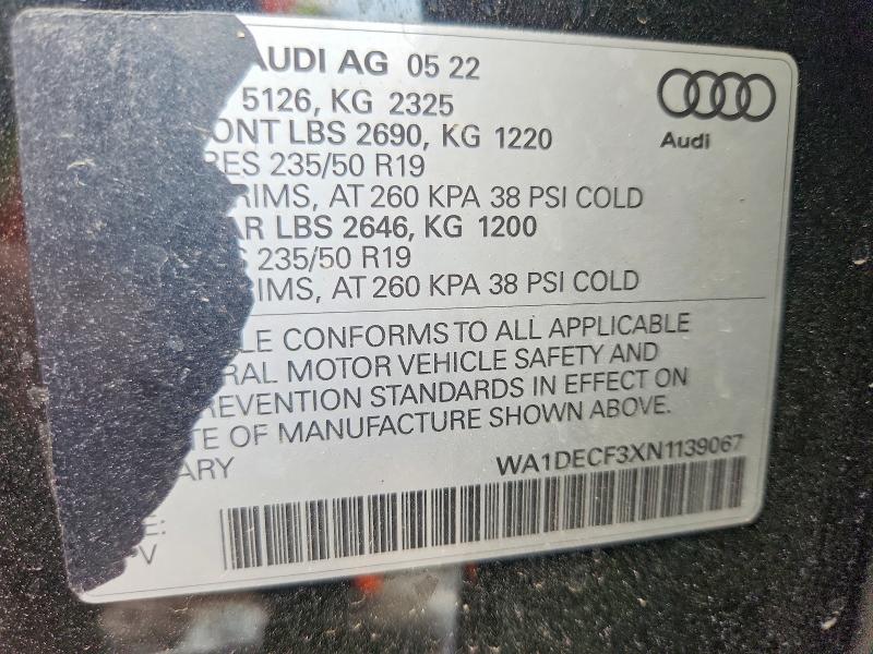 85623085 :رقم المزاد ، WA1DECF3XN1139067 vin ، 2022 Audi Q3 مزاد بيع