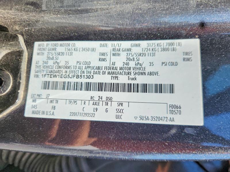60643556 :رقم المزاد ، 1FTEW1EG5JFB51303 vin ، 2018 Ford F150 مزاد بيع