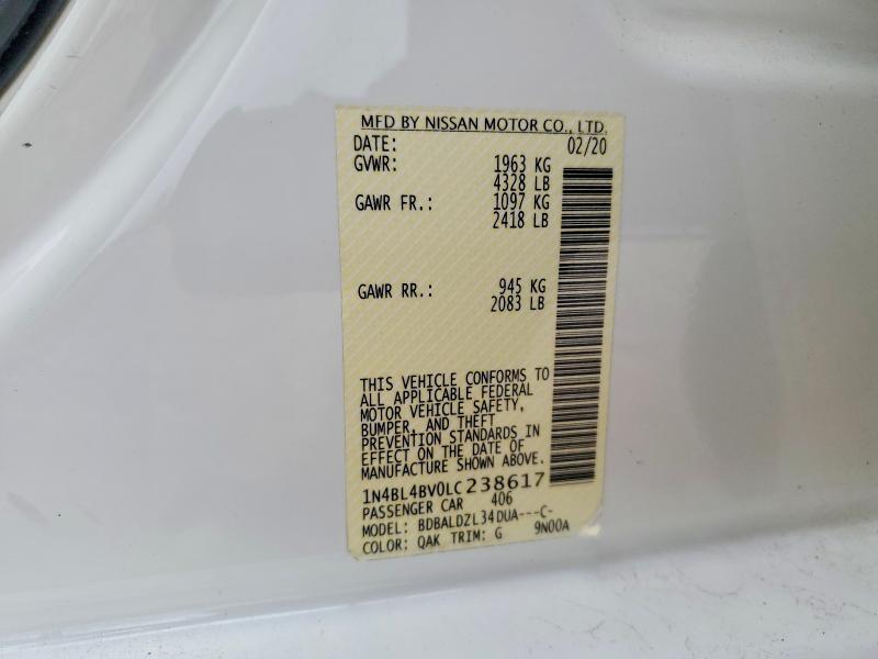 Продаж на аукціоні авто 2020 Nissan Altima, vin: 1N4BL4BV0LC238617, номер лоту: 60998076