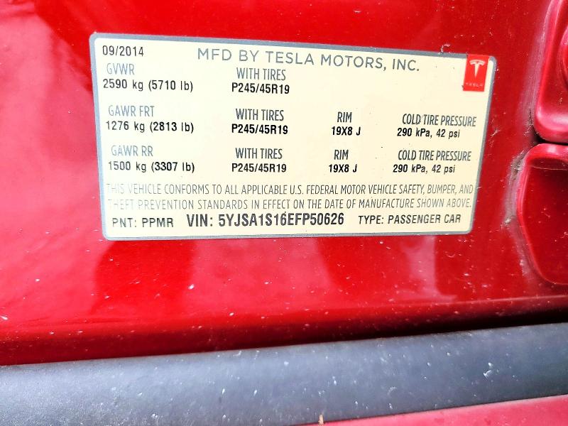 2014 Tesla Model S მანქანა იყიდება აუქციონზე, vin: 5YJSA1S16EFP50626, აუქციონის ნომერი: 62788856