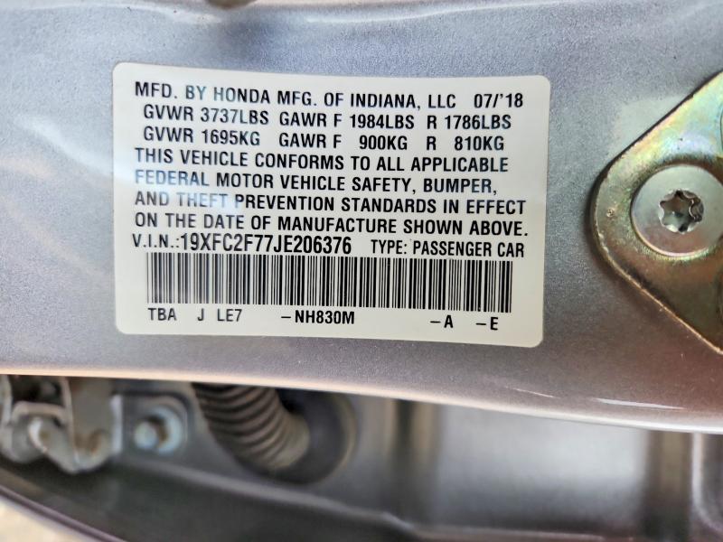 Aukcja sprzedaży 2018 Honda Civic, vin: 19XFC2F77JE206376, numer aukcji: 61694626