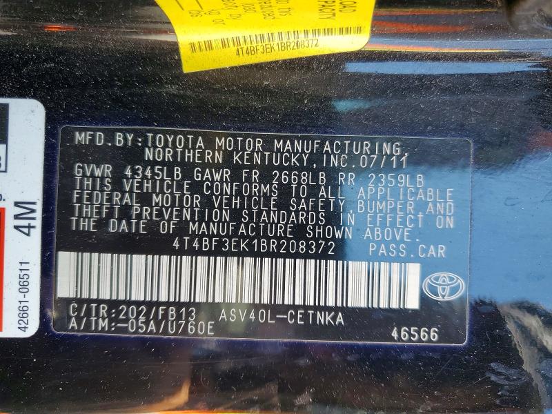 2011 Toyota Camry მანქანა იყიდება აუქციონზე, vin: 4T4BF3EK1BR208372, აუქციონის ნომერი: 59335306
