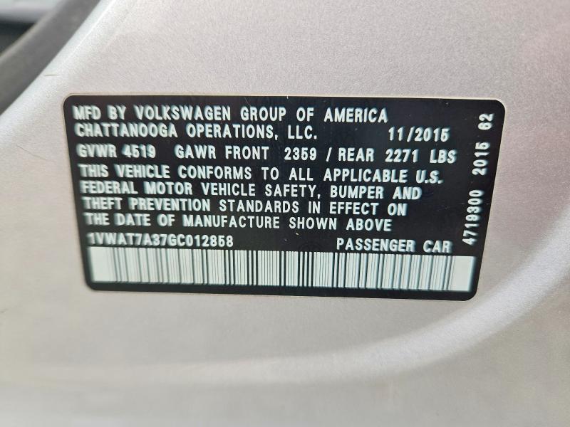 Aukcja sprzedaży 2016 Volkswagen Passat, vin: 1VWAT7A37GC012858, numer aukcji: 61524756