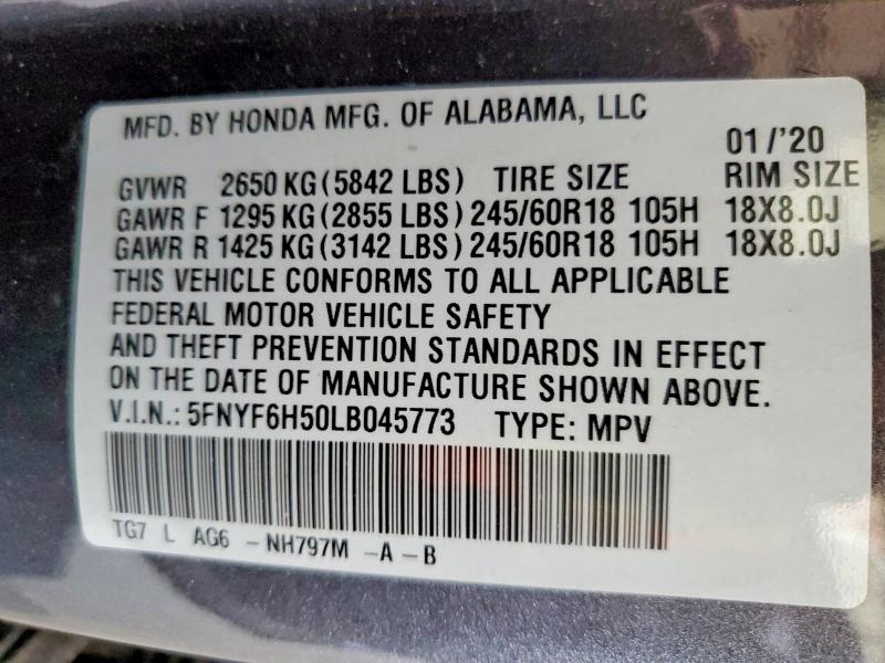 61600006 :رقم المزاد ، 5FNYF6H50LB045773 vin ، 2020 Honda Pilot مزاد بيع