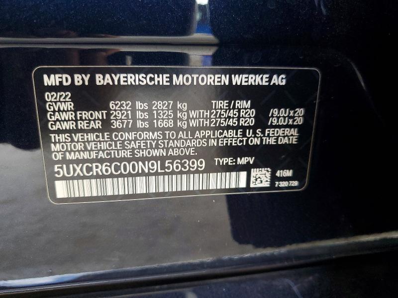 62158896 :رقم المزاد ، 5UXCR6C00N9L56399 vin ، 2022 Bmw X5 مزاد بيع