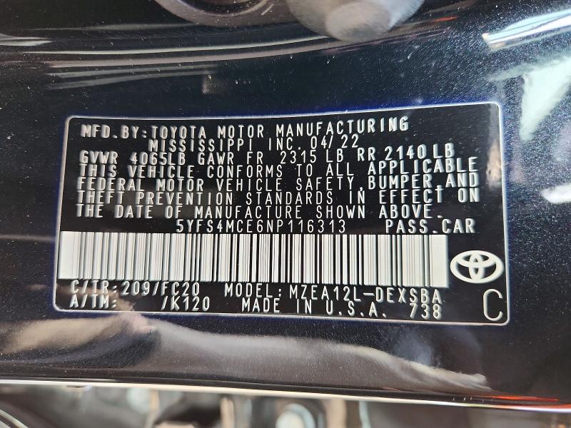 Aukcja sprzedaży 2022 Toyota Corolla, vin: 5YFS4MCE6NP116313, numer aukcji: 62685816