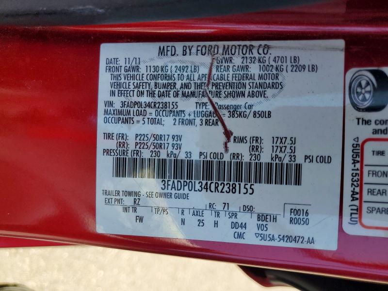2012 Ford Fusion მანქანა იყიდება აუქციონზე, vin: 3FADP0L34CR238155, აუქციონის ნომერი: 62843976
