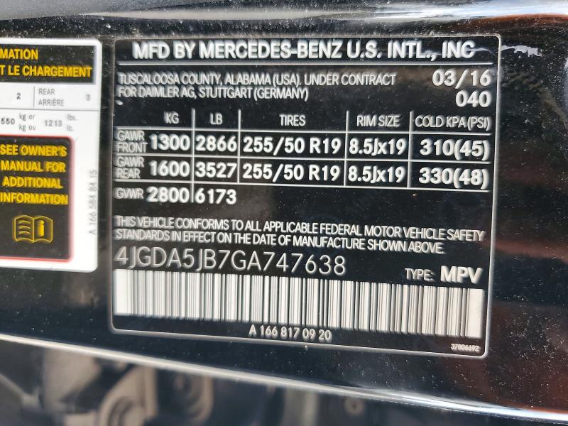 Aukcja sprzedaży 2016 Mercedes-benz Gle, vin: 4JGDA5JB7GA747638, numer aukcji: 62115936
