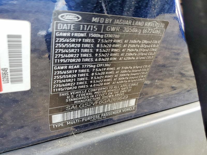 Aukcja sprzedaży 2016 Land Rover Range Rover, vin: SALGS2VF6GA269649, numer aukcji: 60074096