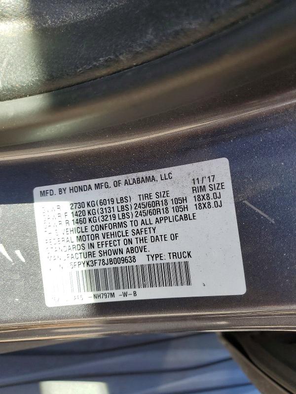 Aukcja sprzedaży 2018 Honda Ridgeline, vin: 5FPYK3F78JB009638, numer aukcji: 60044396