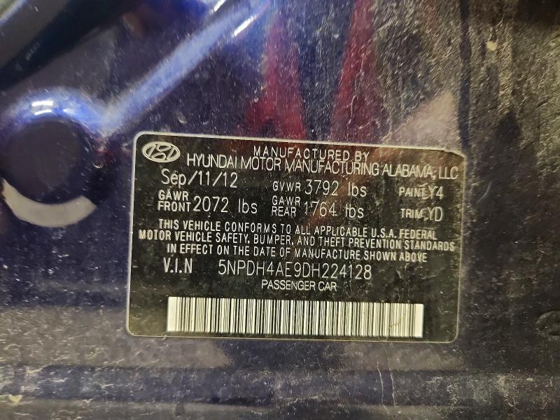 2013 Hyundai Elantra მანქანა იყიდება აუქციონზე, vin: 5NPDH4AE9DH224128, აუქციონის ნომერი: 62406766