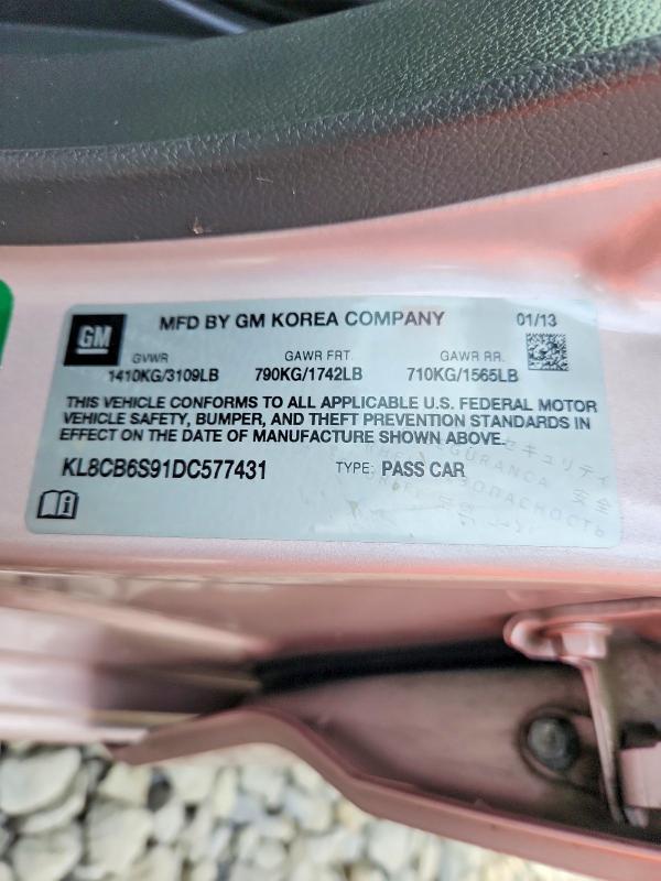 2013 Chevrolet Spark მანქანა იყიდება აუქციონზე, vin: KL8CB6S91DC577431, აუქციონის ნომერი: 62920886