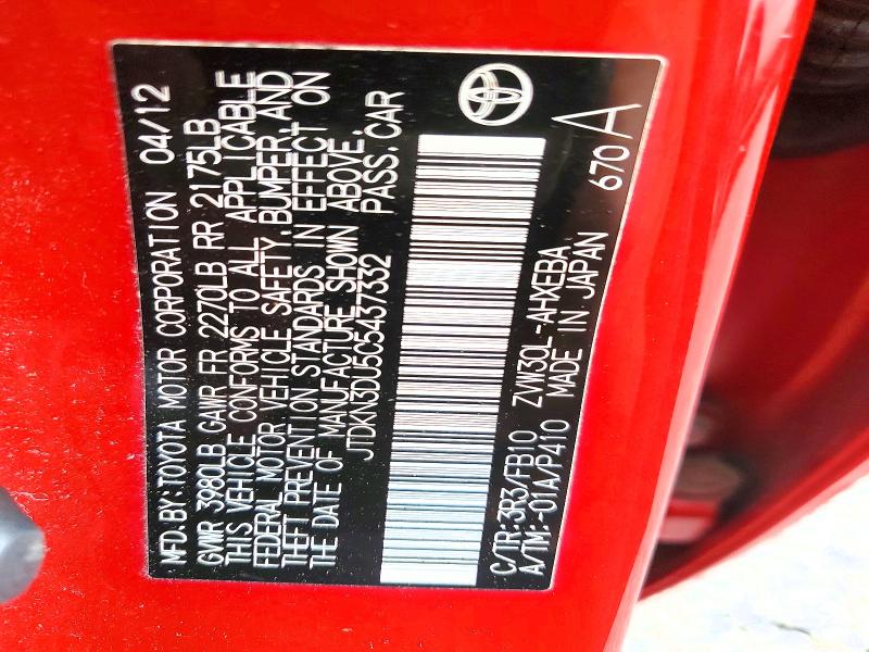 61381096 :رقم المزاد ، JTDKN3DU5C5437332 vin ، 2012 Toyota Prius مزاد بيع
