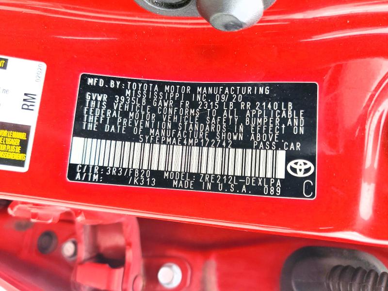 2021 Toyota Corolla მანქანა იყიდება აუქციონზე, vin: 5YFEPMAE4MP172742, აუქციონის ნომერი: 60581436