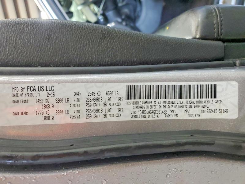 2016 Dodge Durango მანქანა იყიდება აუქციონზე, vin: 1C4RDJAG4GC331492, აუქციონის ნომერი: 63372736