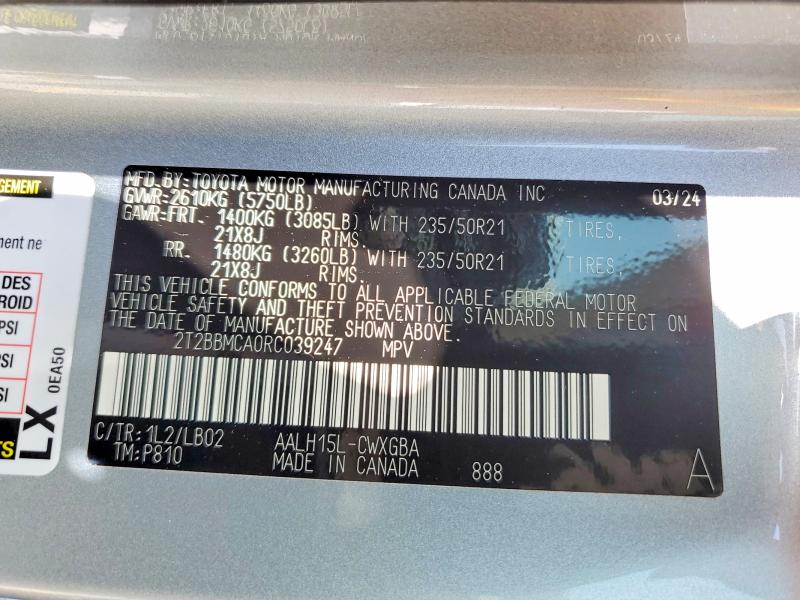 58784006 :رقم المزاد ، 2T2BBMCA0RC039247 vin ، 2024 Lexus Rx 350h مزاد بيع