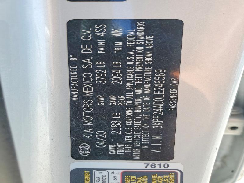 62528376 :رقم المزاد ، 3KPF24AD0LE246569 vin ، 2020 Kia Forte مزاد بيع