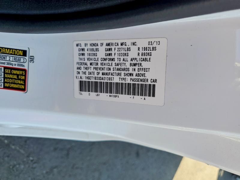 2013 Honda Accord მანქანა იყიდება აუქციონზე, vin: 1HGCT1B3XDA013857, აუქციონის ნომერი: 61981966