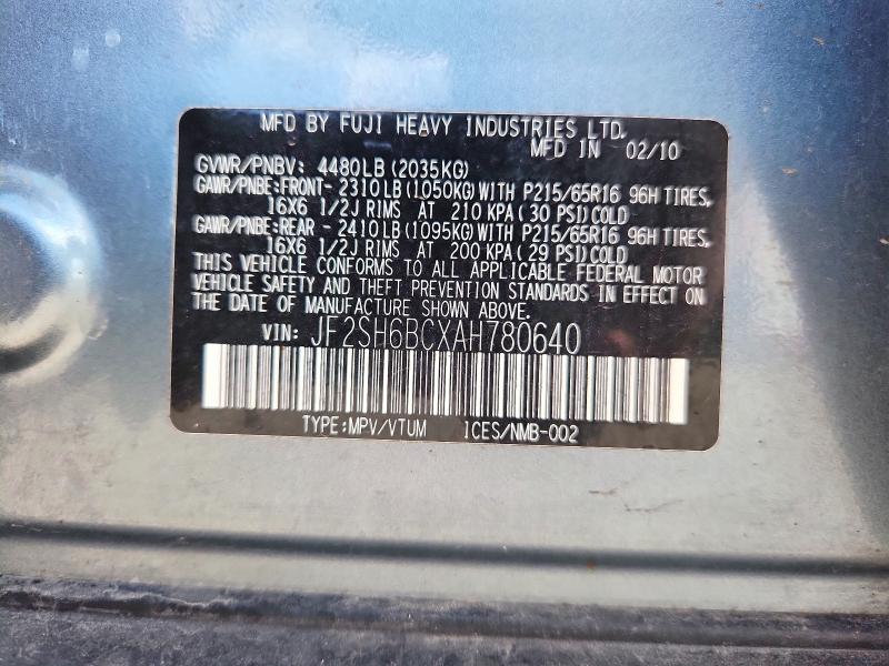 Aukcja sprzedaży 2010 Subaru Forester, vin: JF2SH6BCXAH780640, numer aukcji: 62159256