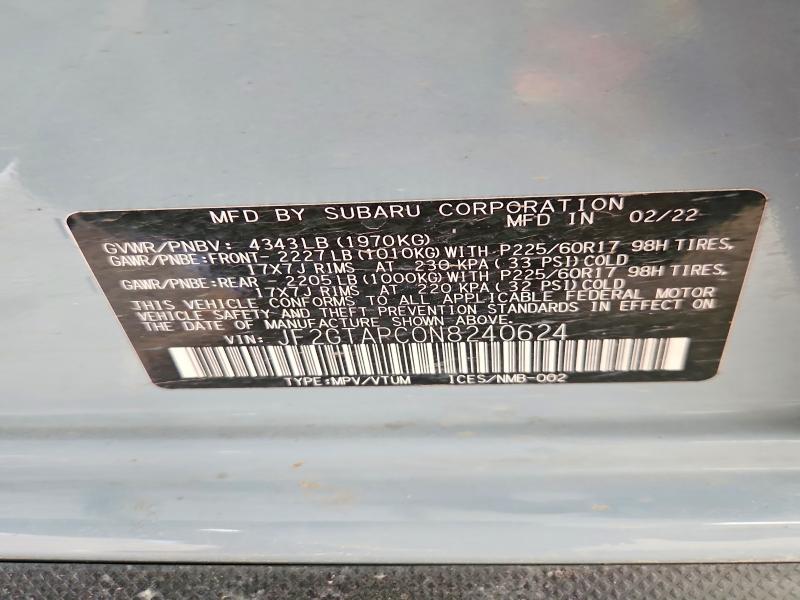 Aukcja sprzedaży 2022 Subaru Crosstrek, vin: JF2GTAPC0N8240624, numer aukcji: 60376806