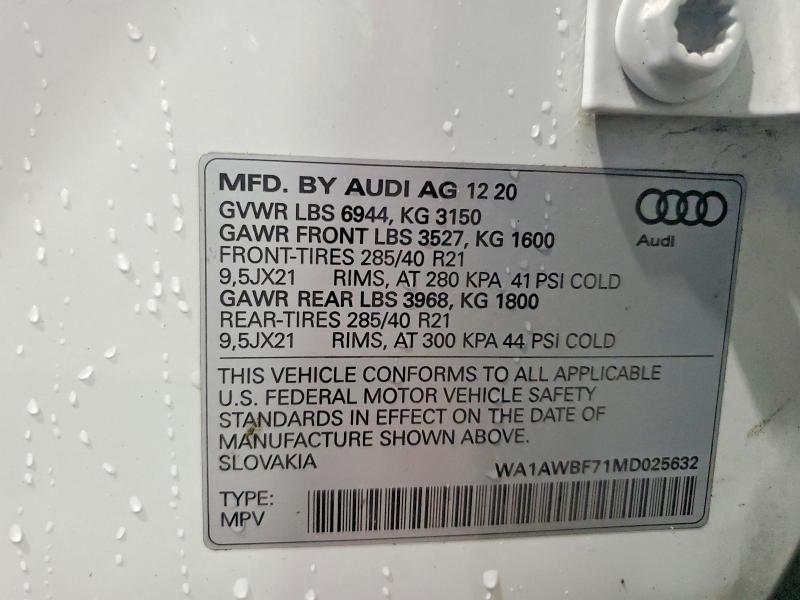 2021 Audi Sq7 მანქანა იყიდება აუქციონზე, vin: WA1AWBF71MD025632, აუქციონის ნომერი: 60412856