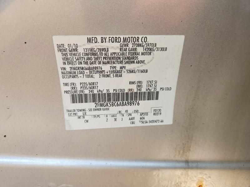 61420036 :رقم المزاد ، 2FMGK5BC6ABA98976 vin ، 2010 Ford Flex مزاد بيع