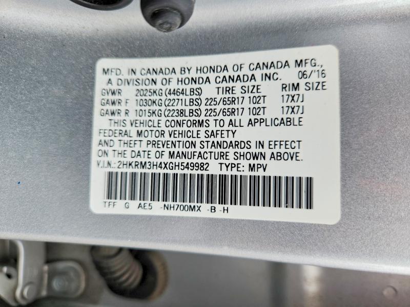 Продажа на аукционе авто 2016 Honda Cr-v, vin: 2HKRM3H4XGH549982, номер лота: 61706856