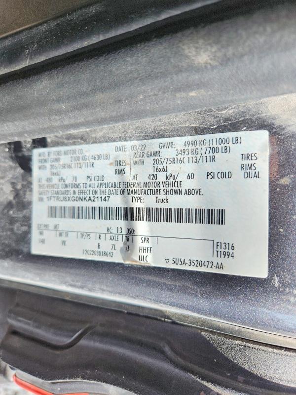 60862626 :رقم المزاد ، 1FTRU8XG0NKA21147 vin ، 2022 Ford Transit مزاد بيع
