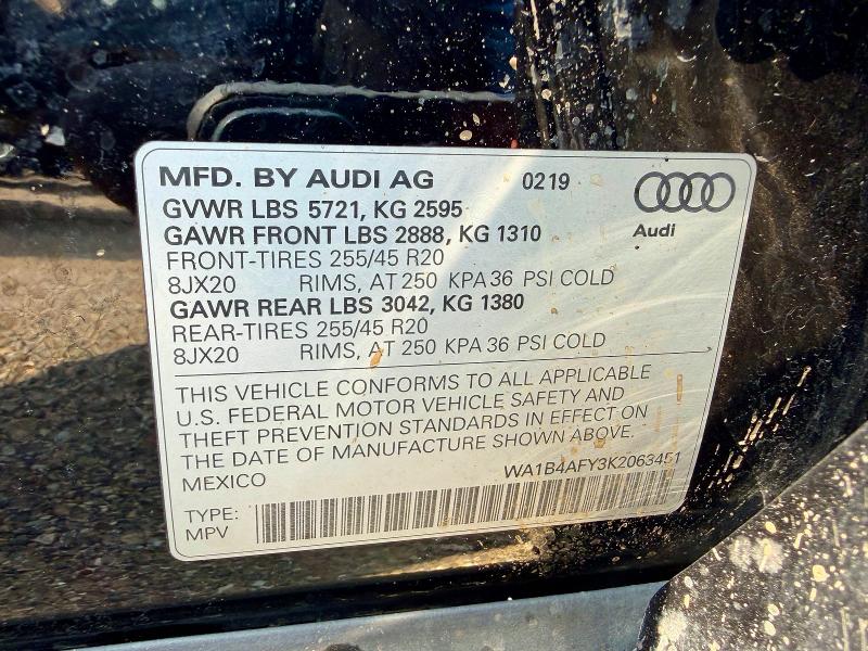 2019 Audi Sq5 მანქანა იყიდება აუქციონზე, vin: WA1B4AFY3K2063451, აუქციონის ნომერი: 63237486
