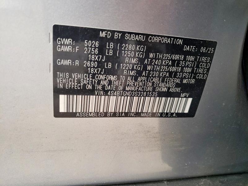 Продажа на аукционе авто 2025 Subaru Outback, vin: 4S4BTGND3S3281535, номер лота: 58954556